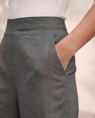 Dark grey casual linen blend straight fit pants 3