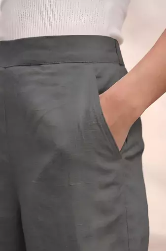 Dark grey casual linen blend straight fit pants