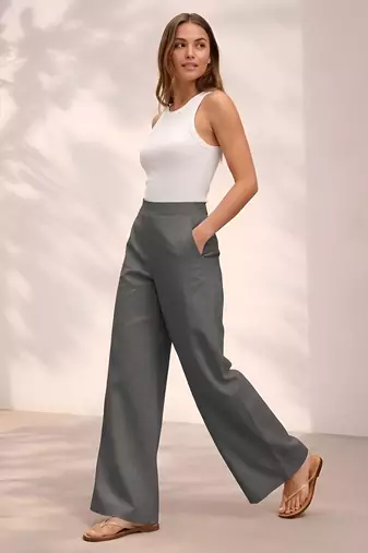 Dark grey casual linen blend straight fit pants