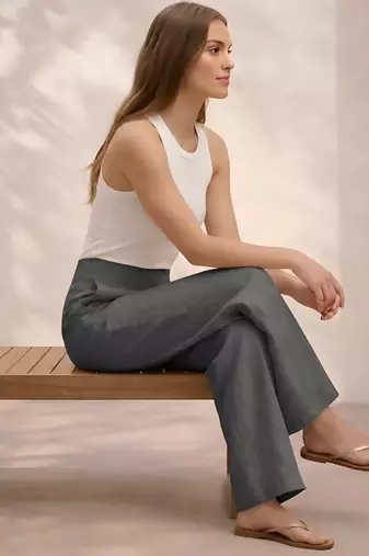 Dark grey casual linen blend straight fit pants