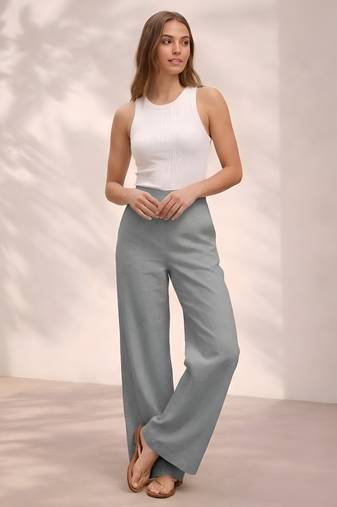 Grey casual linen blend straight fit pants