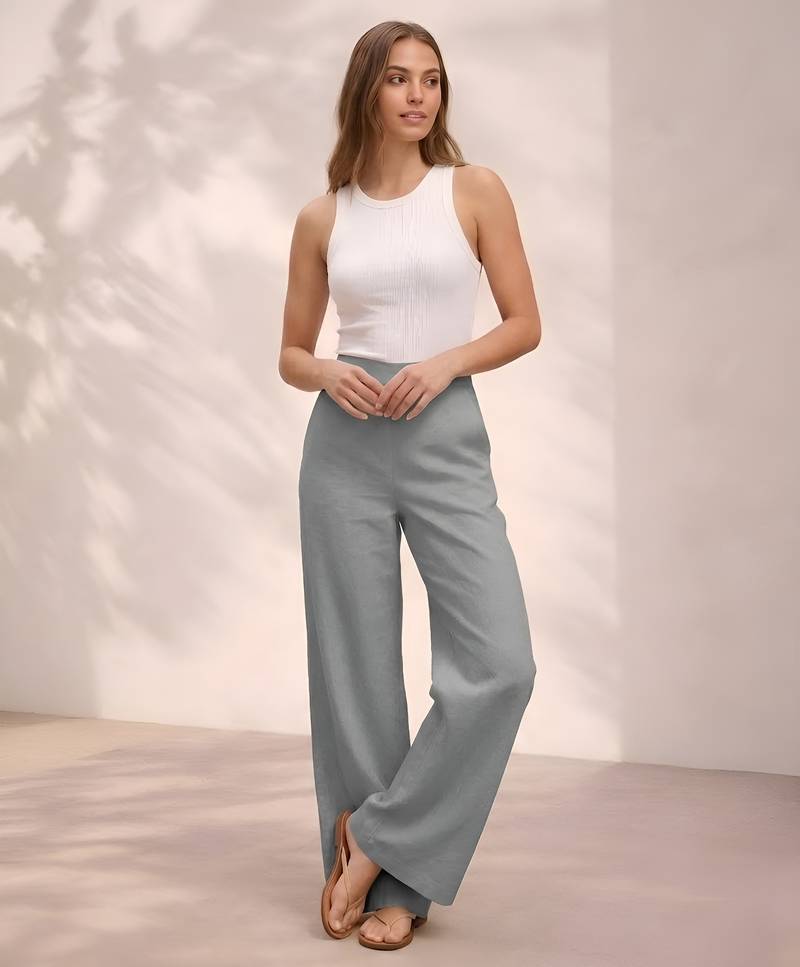 Grey casual linen blend straight fit pants