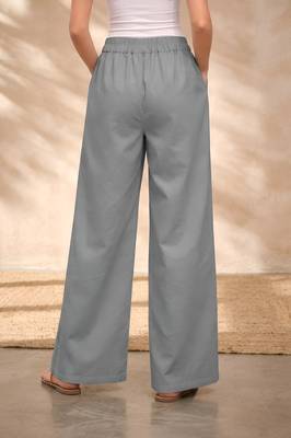 Grey casual linen blend straight fit pants 2