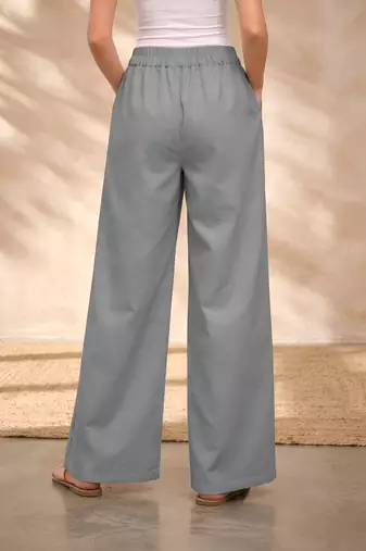 Grey casual linen blend straight fit pants