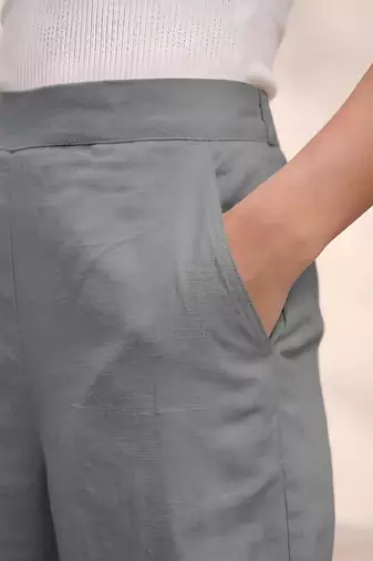 Grey casual linen blend straight fit pants