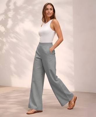 Grey casual linen blend straight fit pants 4