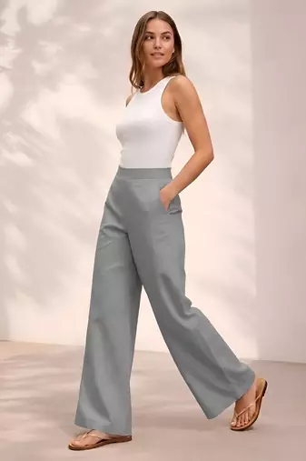 Grey casual linen blend straight fit pants