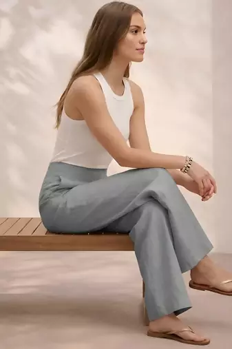 Grey casual linen blend straight fit pants
