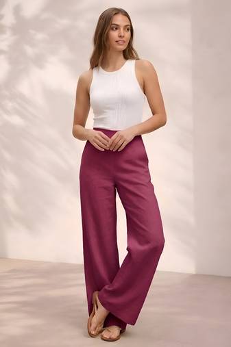 Maroon casual linen blend straight fit pants
