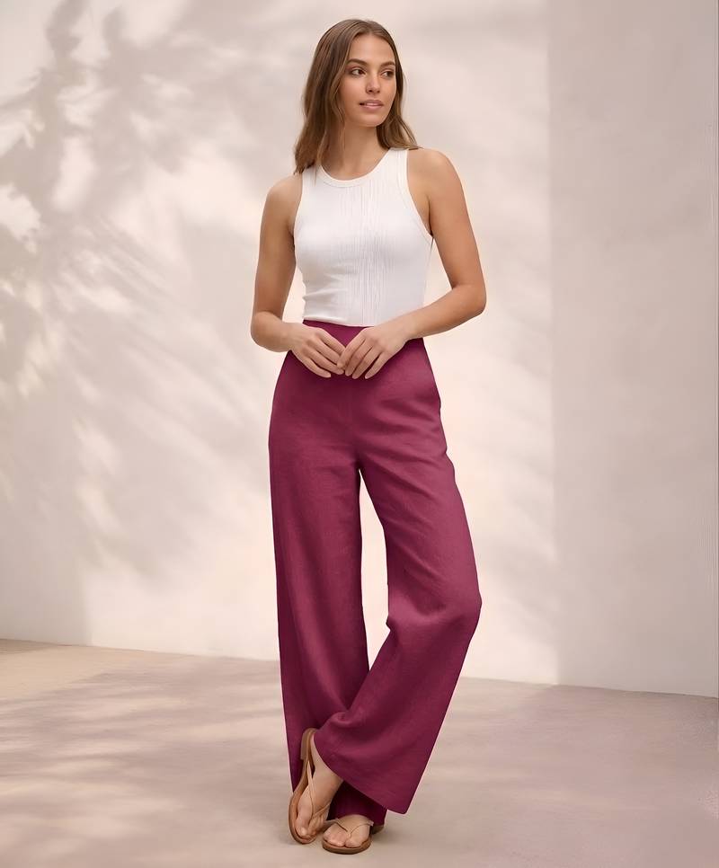 Maroon casual linen blend straight fit pants