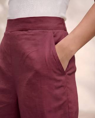 Maroon casual linen blend straight fit pants 3