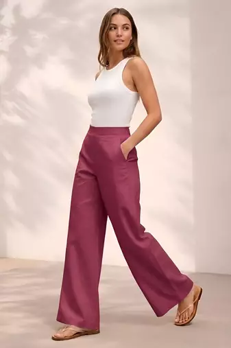 Maroon casual linen blend straight fit pants