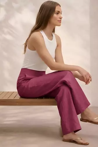 Maroon casual linen blend straight fit pants