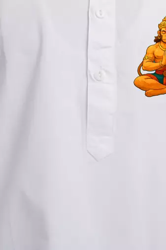 boys white cotton kurta pyjama set with hanuman sticker print 