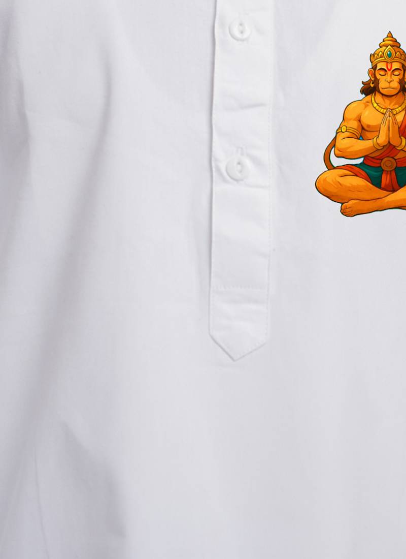 boys white cotton kurta pyjama set with hanuman sticker print 