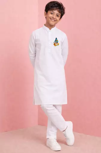 boys white cotton kurta pyjama set with ram hanuman sticker print 