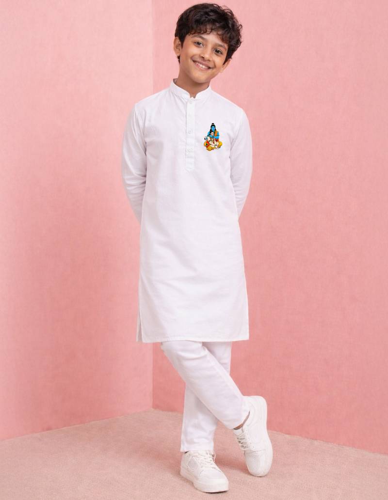 boys white cotton kurta pyjama set with ram hanuman sticker print 