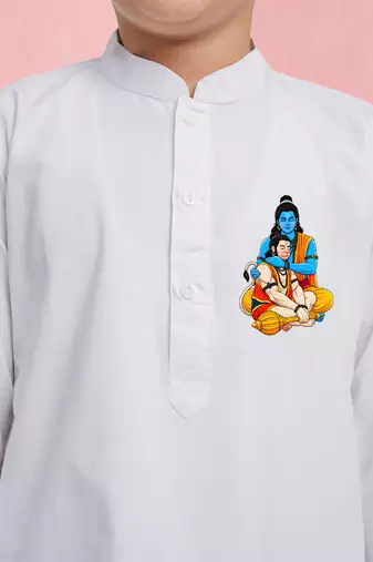 boys white cotton kurta pyjama set with ram hanuman sticker print 