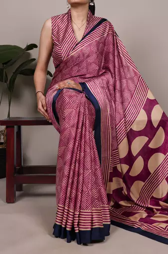 Pink color Fancy Printed Dull Satin Saree