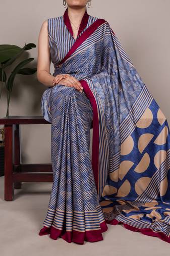 purple dull satin saree with fancy print