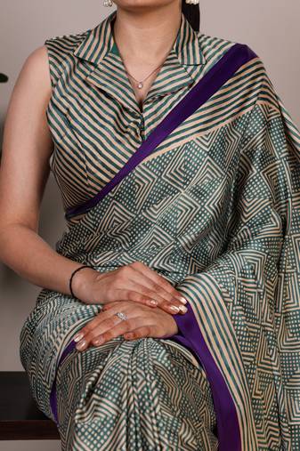 teal dull satin saree with fancy print