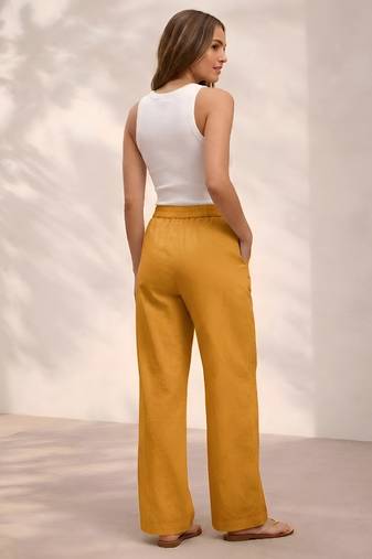 Mustard casual linen blend straight fit pants