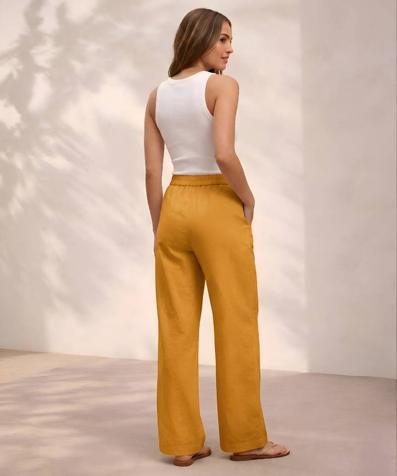 Mustard casual linen blend straight fit pants