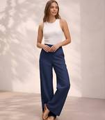 Navy blue casual linen blend straight fit pants