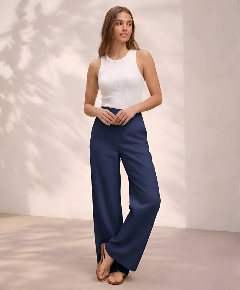 Navy blue casual linen blend straight fit pants