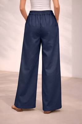 Navy blue casual linen blend straight fit pants 2