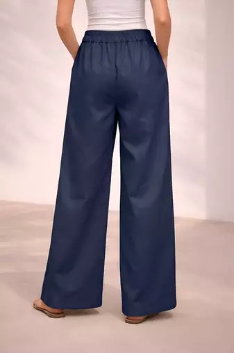 Navy blue casual linen blend straight fit pants