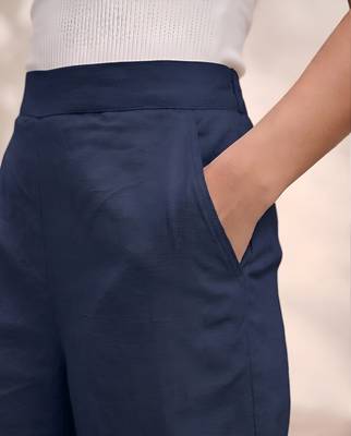 Navy blue casual linen blend straight fit pants 3