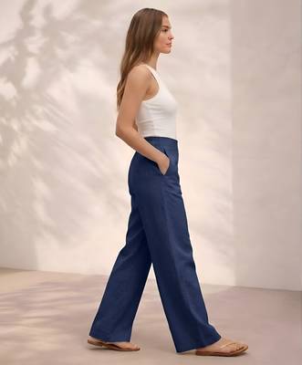 Navy blue casual linen blend straight fit pants 4