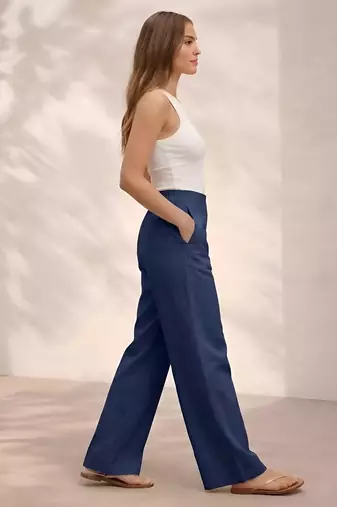 Navy blue casual linen blend straight fit pants
