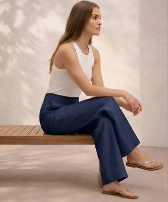 Navy blue casual linen blend straight fit pants 5