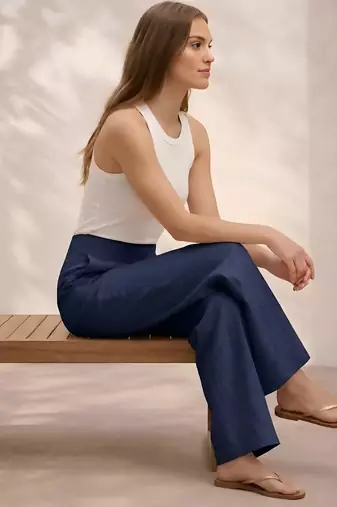 Navy blue casual linen blend straight fit pants