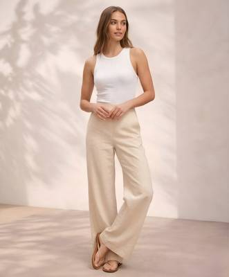 Off white casual linen blend straight fit pants 1