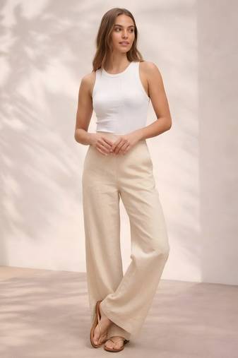 Off white casual linen blend straight fit pants