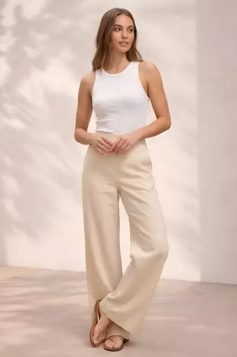 Off white casual linen blend straight fit pants