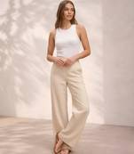 Off white casual linen blend straight fit pants
