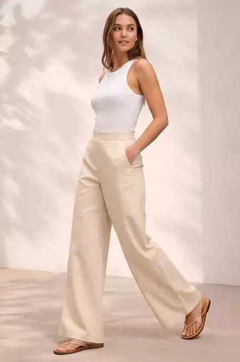 Off white casual linen blend straight fit pants