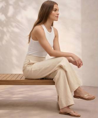 Off white casual linen blend straight fit pants 5