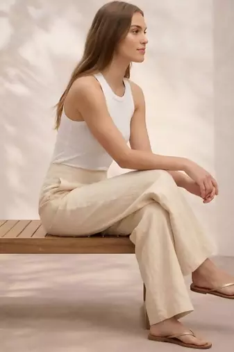 Off white casual linen blend straight fit pants
