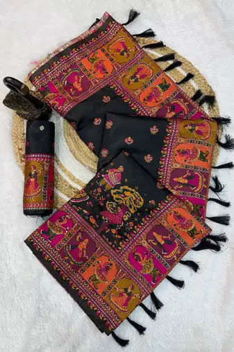 black silk blend saree with kashmiri woven work