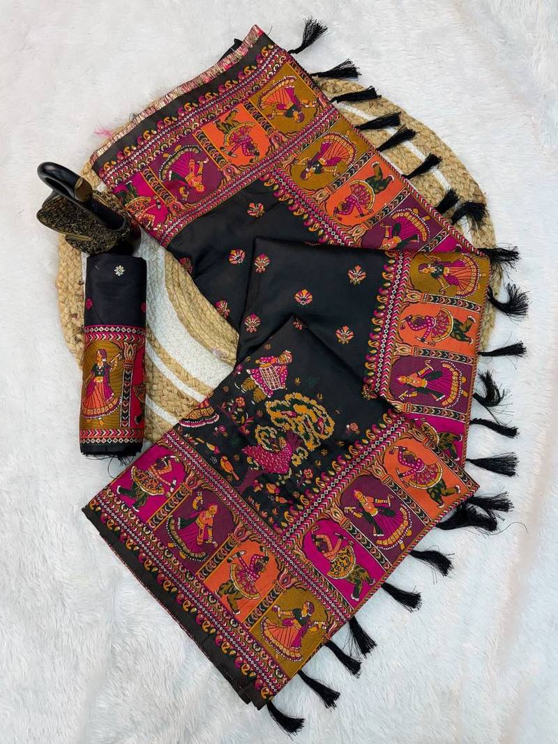 black silk blend saree with kashmiri woven work