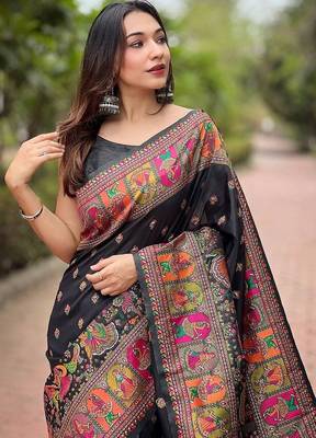 black silk blend saree with kashmiri woven work 2