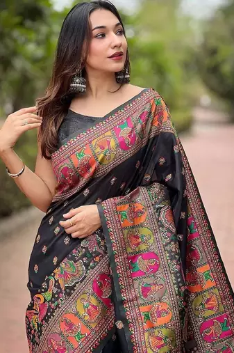 black silk blend saree with kashmiri woven work