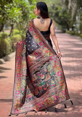 black silk blend saree with kashmiri woven work 3