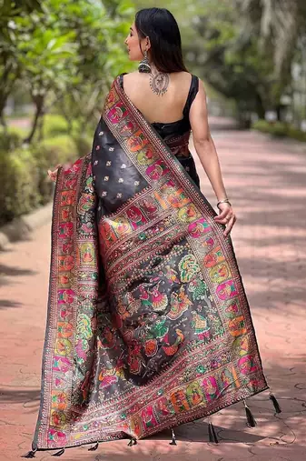 black silk blend saree with kashmiri woven work
