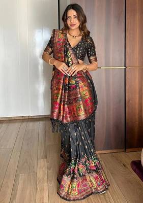 black silk blend saree with kashmiri woven work 4